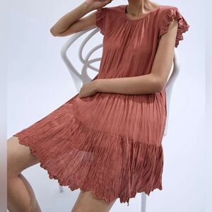 Wilfred Rust Pink Crinkle Ruffle Sleeve Mini Dress